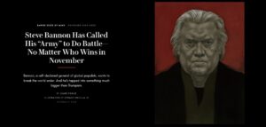 Steve Bannon speaking at a conference on NATO and populism, with flags in the background representing member nations.