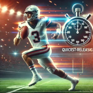 Quarterback mid-throw with stopwatch overlay, highlighting quick release for the 2025 NFL Draft.