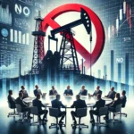 An oil drilling rig with a large red "NO" sign over it, symbolizing Big Oil's reluctance to expand drilling, with executives in a corporate boardroom analyzing financial charts in the background.