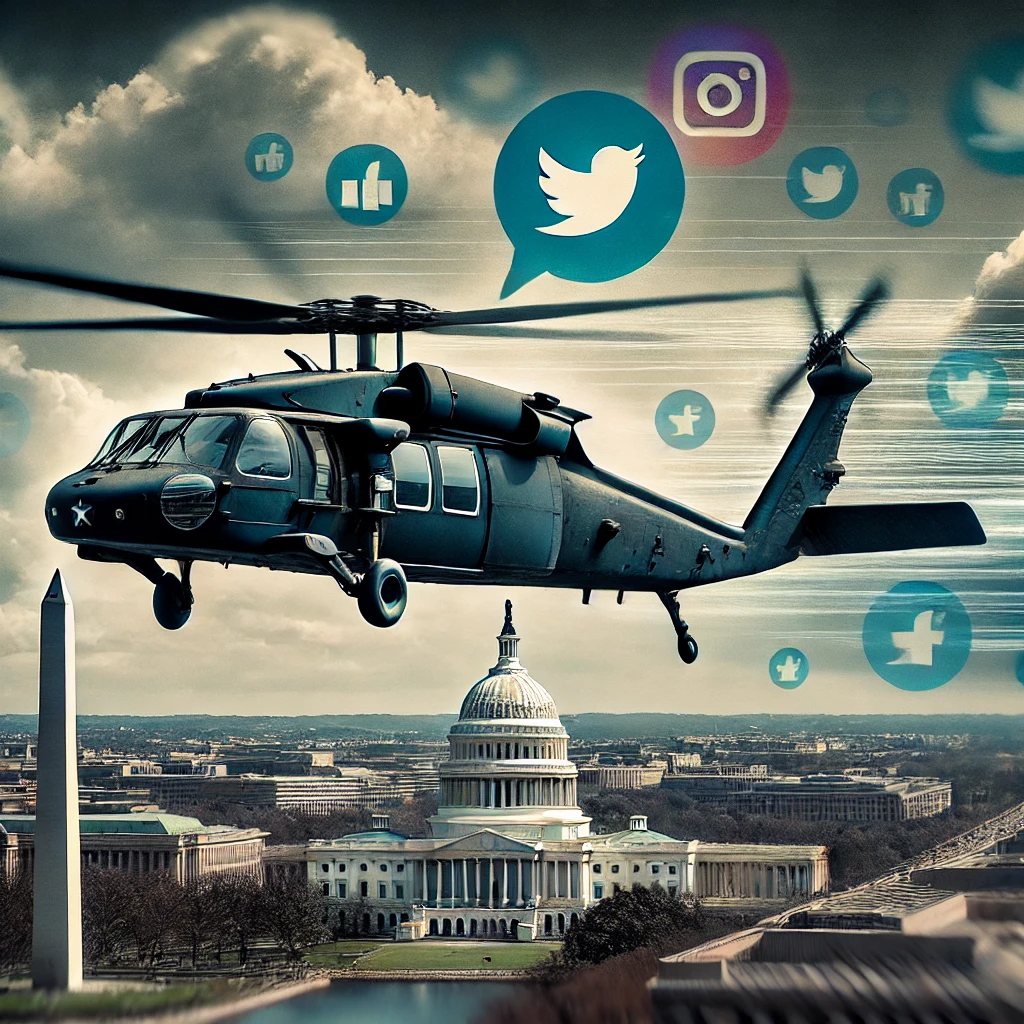 A stylized digital illustration of a Black Hawk helicopter flying over Washington, D.C., with a stormy sky and social media icons fading into the clouds, symbolizing misinformation.