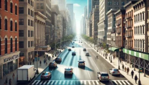 A clear Manhattan street with light traffic, pedestrians, and iconic buildings under a bright blue sky, illustrating the positive impact of congestion pricing.