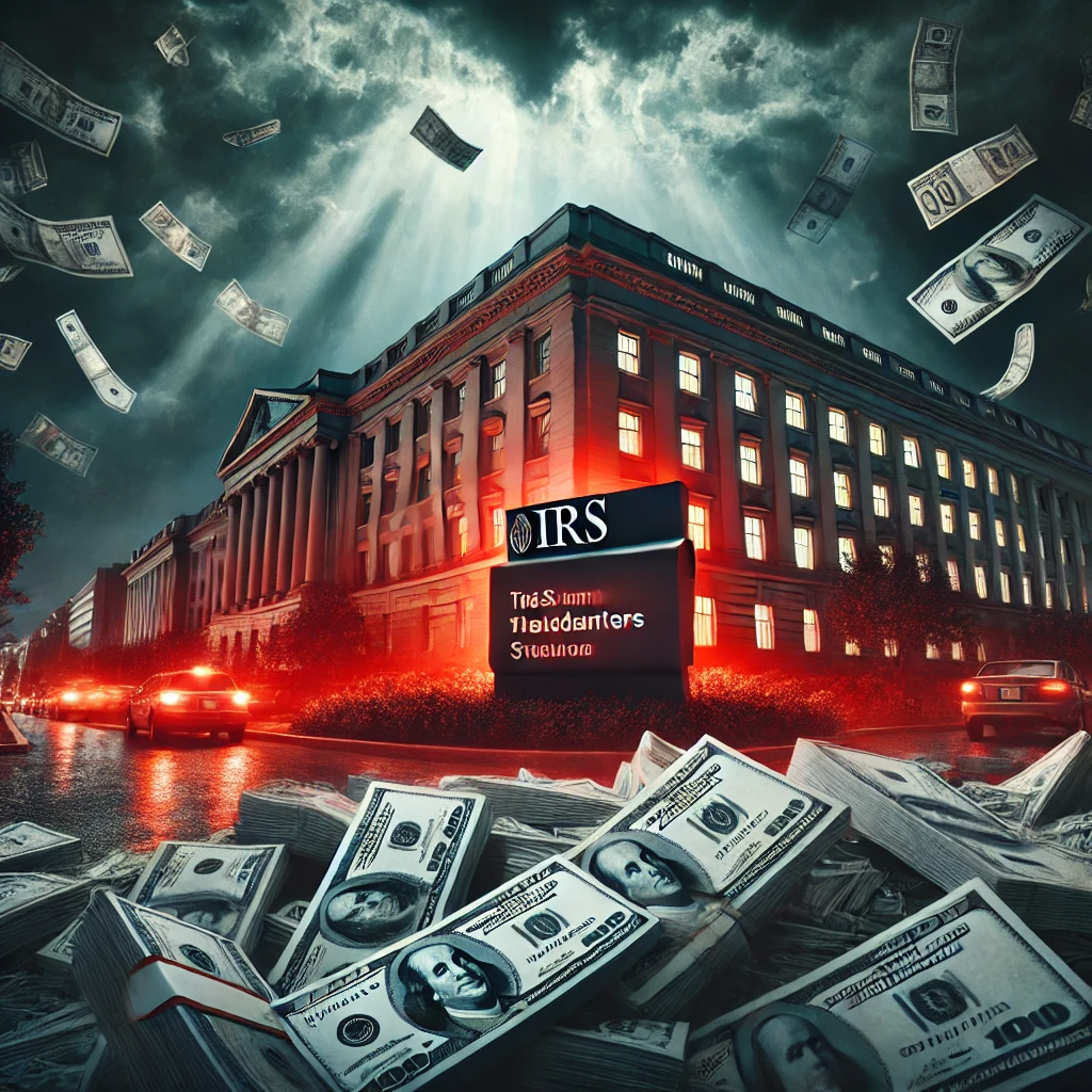 The IRS headquarters in Washington, D.C., under dark storm clouds with a glowing red tint, symbolizing financial scrutiny and unpaid taxes.