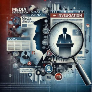 A symbolic digital illustration featuring a split-screen design. On one side, a silhouette of a politician speaks into a microphone, while on the other, a social media feed displays exaggerated headlines and out-of-context quotes. The background includes abstract digital elements such as floating text, news articles, and a distorted magnifying glass, symbolizing misinformation and political manipulation.