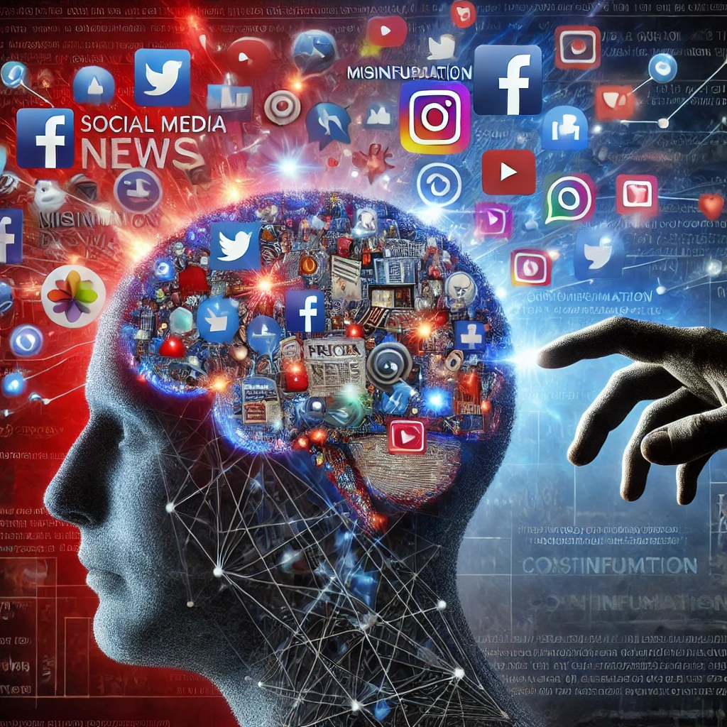 Conceptual digital artwork of a human head filled with chaotic news headlines, social media icons, and misinformation symbols, illuminated by red and blue lights representing cognitive dissonance, with a shadowy hand reaching in to symbolize manipulation.