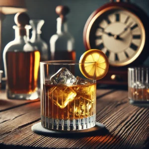 A cozy, dimly lit setting with a glass of whiskey on ice, a lemon twist, and a clock in the background, symbolizing slow and mindful alcohol consumption.