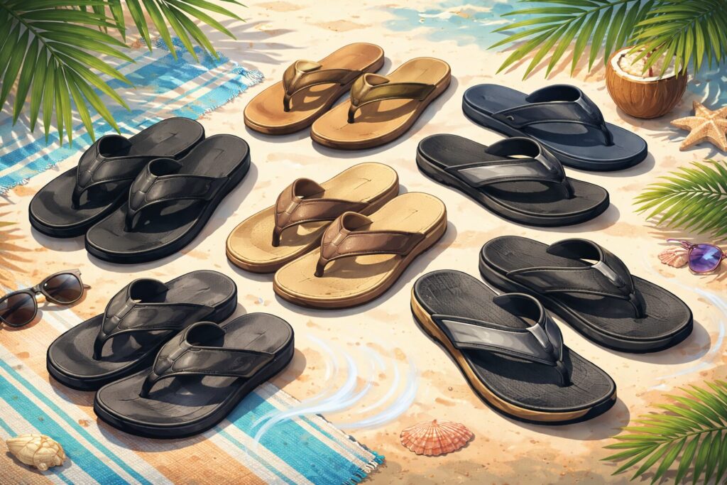 Illustration of men’s breathable sandals and flip-flops designed for airflow and sweat-free summer comfort